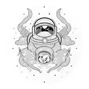 An astronaut floating in outerspace while wearing a demon oni mask over their helmet  tattoo design idea