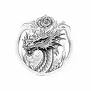 A majestic dragon surrounded by blooming flowers and accompanied by a mischievous kicuné, all in a unique tattoo on your hand. tattoo design idea