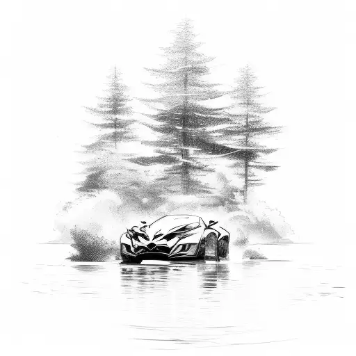 A speeding motorcycle merging with a flowing river and trees in a sketch style tattoo design idea