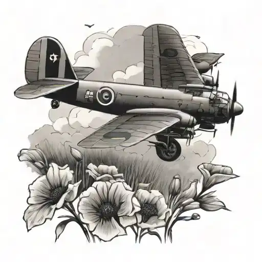 Lancaster bomber dropping poppies out of the back over a field full of soilders  tattoo design idea