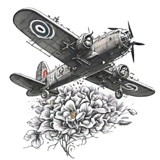 Lancaster bomber dropping poppies out of the back over a field full of soilders  tattoo design idea