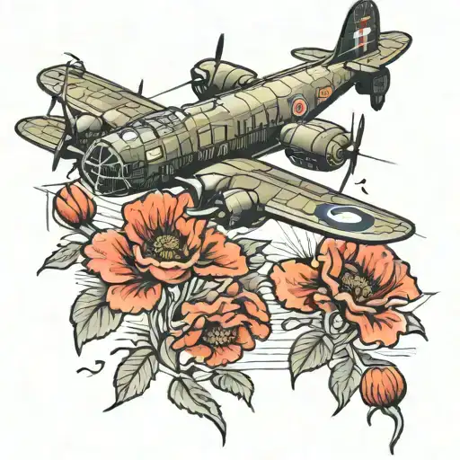 Lancaster bomber dropping poppies out of the back over a field full of soilders  tattoo design idea