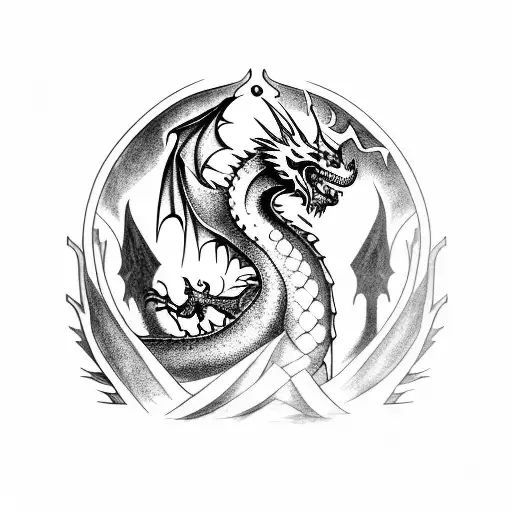 fantasy style dragon sitting on top of gothic castle tattoo design idea