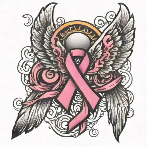 cancer ribbon with wings tattoo design idea