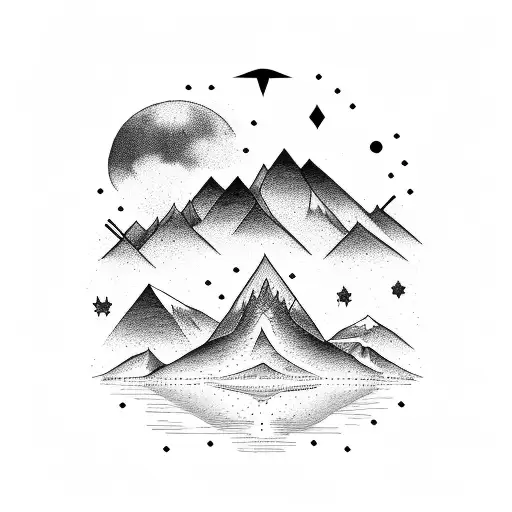 A mountain range with a moonlit bonfire at the base tattoo design idea