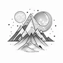 A mountain range with a moonlit bonfire at the base tattoo design idea