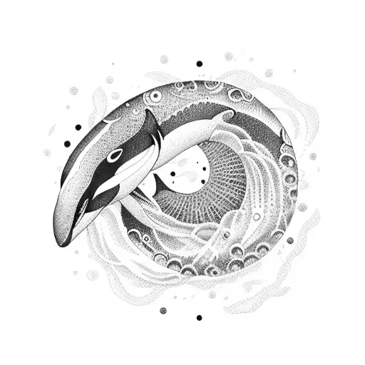 A mesmerizing dotwork design of a majestic orca swimming through waves tattoo design idea