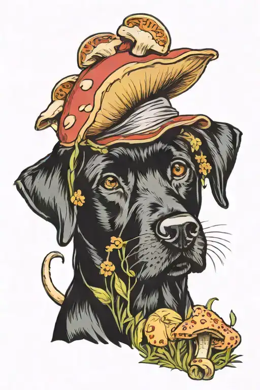 black lab dog and mushrooms and something italian tattoo design idea
