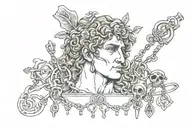 greek mythology masculine vibe with small greek god heads and keys etc. ankle placement tattoo design idea