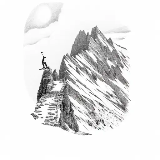 A mountain hiker reaching the summit with a breathtaking view tattoo design idea