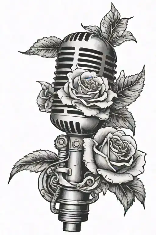 rose and daisy wrapped around microphone intertwined  tattoo design idea