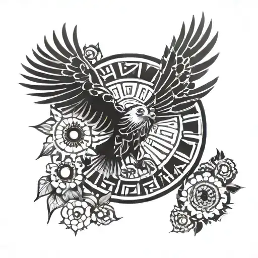 Aztec eagle and sun flowers tattoo design idea