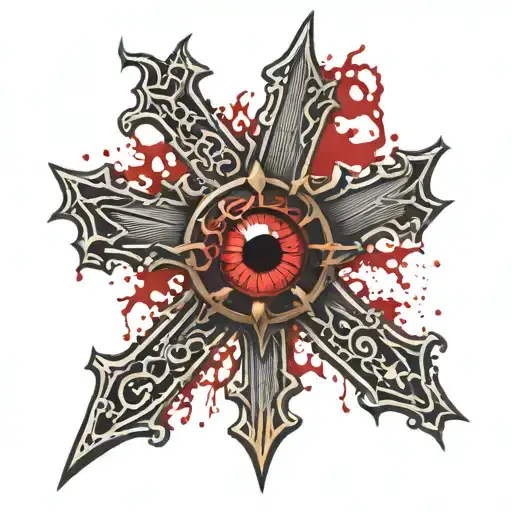 Dark black broke Satanic cross Realistic Eye, cracked and bleeding. dark black and blood red. golden cross. demonic tattoo design idea