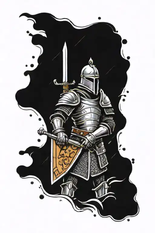 medieval knight holding a sword and a shield in his hands standing in front of heavy rain and thunder tattoo design idea