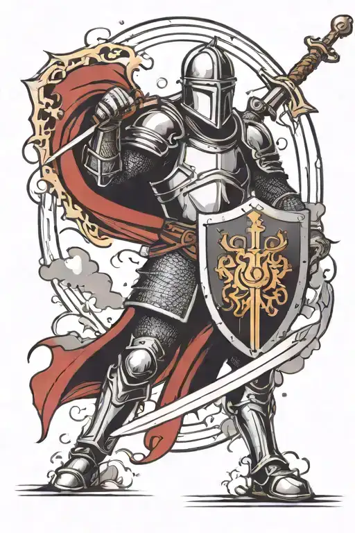 medieval knight holding a sword and a shield in his hands with thunder in the background tattoo design idea
