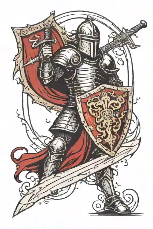 medieval knight holding a sword and a shield in his hands with thunder in the background tattoo design idea