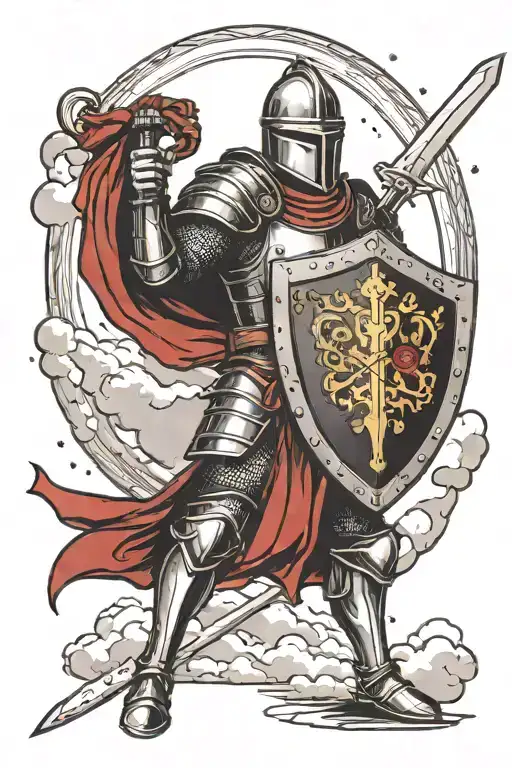 medieval knight holding a sword and a shield in his hands with flashes in the sky in the background  tattoo design idea