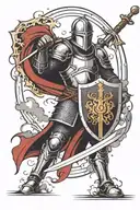 medieval knight holding a sword and a shield in his hands with thunder in the background tattoo design idea