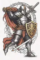 medieval knight holding a sword and a shield in his hands with thunder in the background tattoo design idea