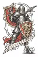 medieval knight holding a sword and a shield in his hands with thunder in the background tattoo design idea