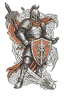 medieval knight holding a sword and a shield in his hands with thunder in the background tattoo design idea