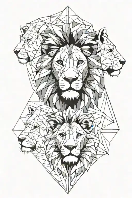 lion face male and women face with 2 kids boys sitting tattoo design idea