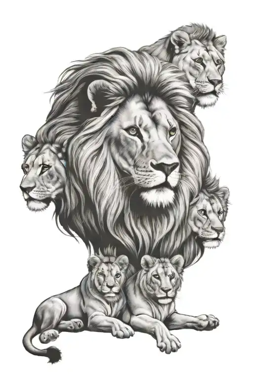 lion face male and women face with 2 kids boys sitting tattoo design idea