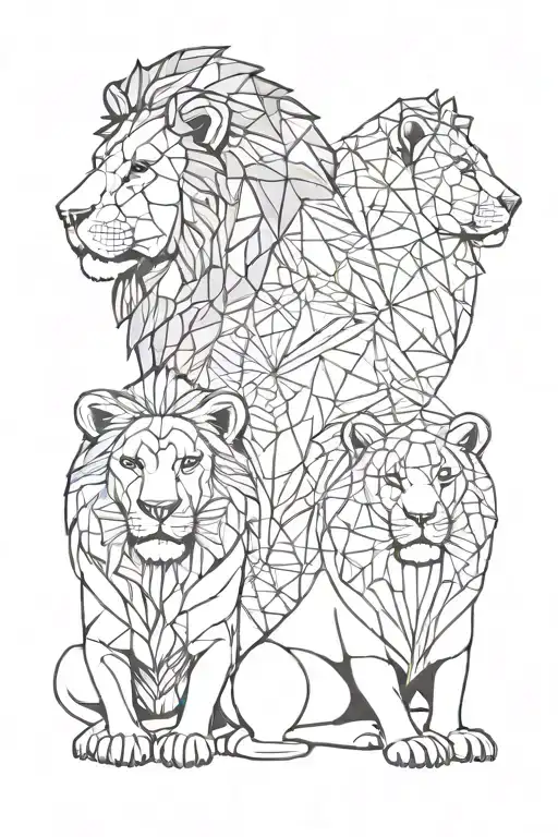 lion face male and female with 2 kids boys sitting tattoo design idea