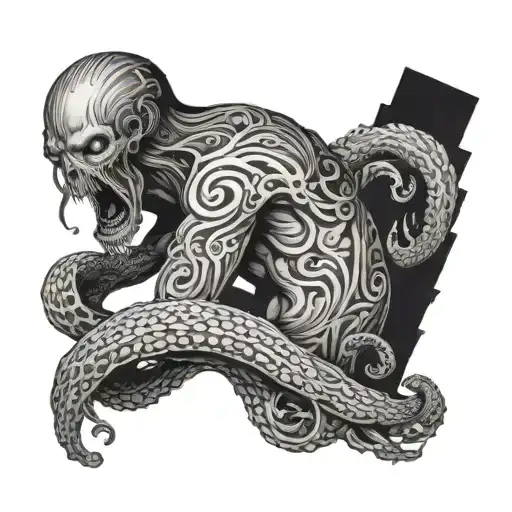 A worker with a kraken tattooed on their back, blending into their skin like a shadow tattoo design idea