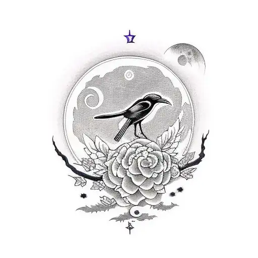 Luna name with the birthday date of 2/10/2020 with moon flower and a raven  tattoo design idea
