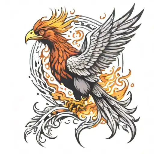 phoenix rising up from the ashes and fire flames tattoo design idea