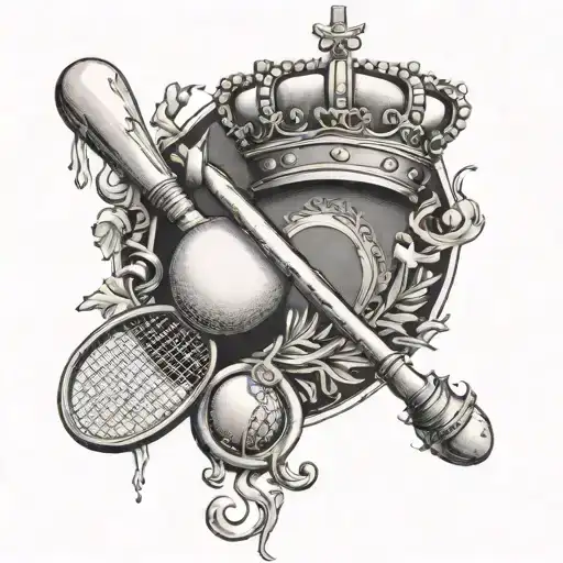 Medicine, tennis racket and ball, crown, music, poetry, moon, cricket, pen tattoo design idea