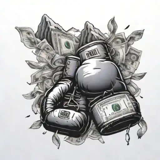 A mountain landscape with boxing gloves and dollars money raining tattoo design idea