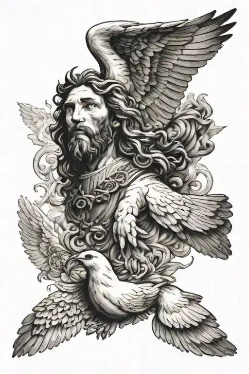 jesus, lion, dove flying tattoo design idea
