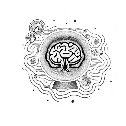 A coffee cup with a brain inside it, surrounded by swirling books tattoo design idea