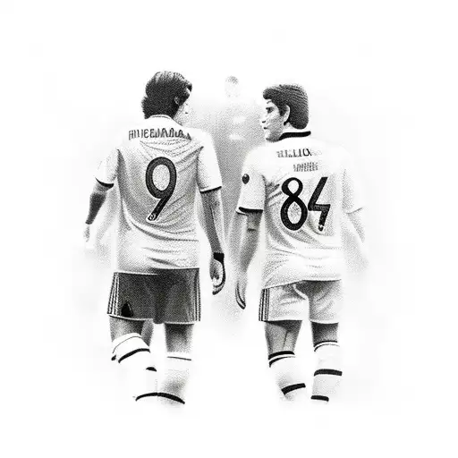 A realistic depiction of a soccer field with the client's favorite players, Maradona and Zico, facing each other tattoo design idea