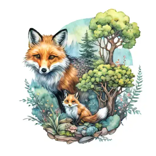 A fox and hedgehog in a whimsical pastel watercolor forest setting tattoo design idea