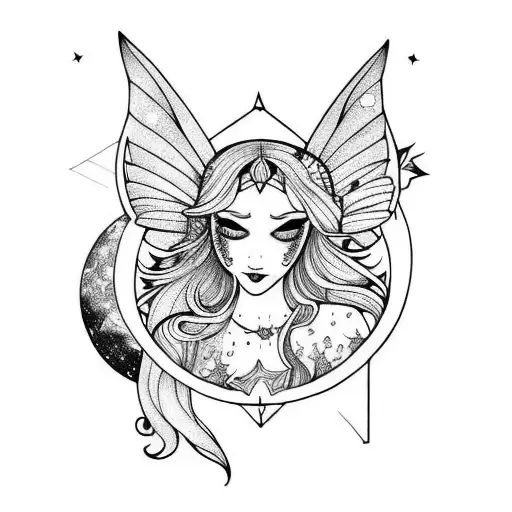 Enchanting fairy riding a crescent moon tattoo design idea