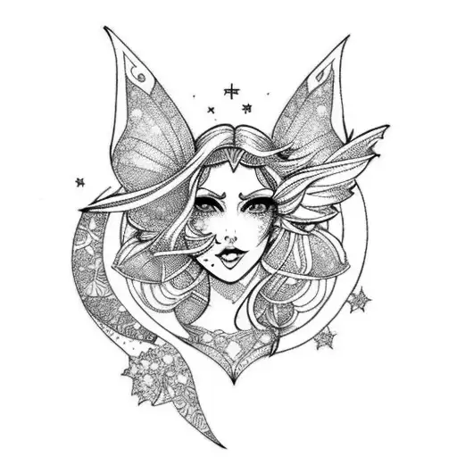 Enchanting fairy riding a crescent moon tattoo design idea