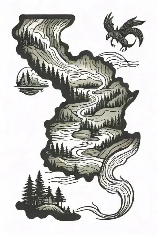 west virginia mountains with flowing river winding tattoo design idea