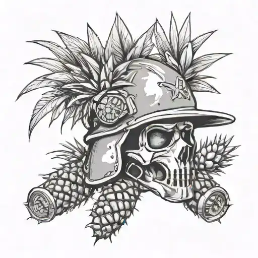 A military helmet adorned with dog tags and surrounded by upside-down pineapples tattoo design idea