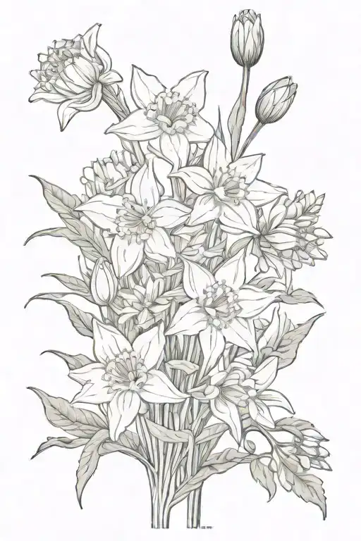 flower arrangeme:wild daffodil, Leucanthemum vulgare, Nymphaea alba, Aster tataricus, Chrysanthemum and Ilex aquifolium. tattoo design idea