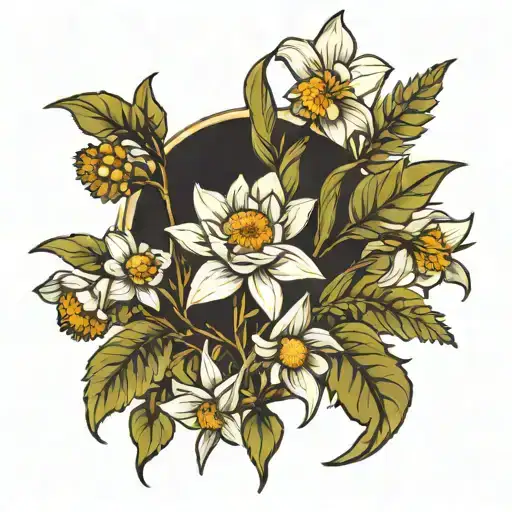 wild daffodil, Leucanthemum vulgare, Nymphaea alba, Aster tataricus, Chrysanthemum and Ilex aquifolium.  tattoo design idea
