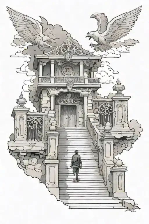 Man walking up stairs of heaven with gate at the end  tattoo design idea