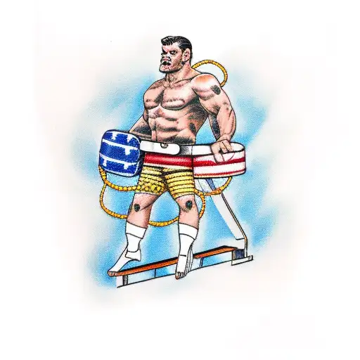 wrestler holding belt above head in victory pose on top of ladder tattoo design idea