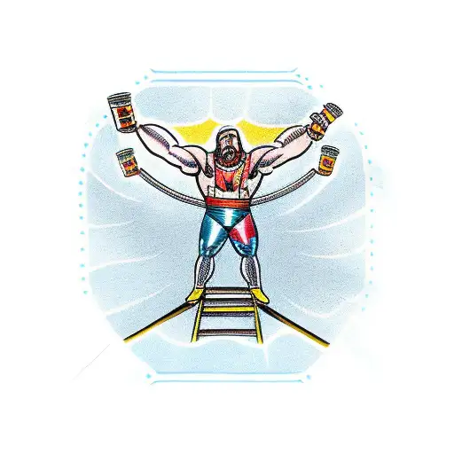 wrestler holding championship belt above head in victory pose on top of ladder tattoo design idea