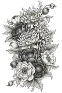 chrysanthemum and poppy bouquet fine line tattoo design idea