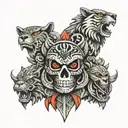 aztec totem pole with skull jaguar wolf and eagle  tattoo design idea