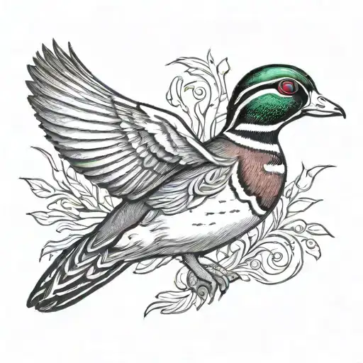 wood duck flying tattoo design idea