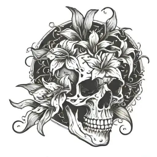 skull and stargazer lilies scattered throughout tattoo design idea